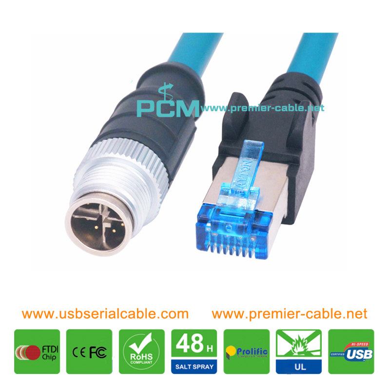 M12 X-Code to Cat6 RJ45 Ethernet Cable