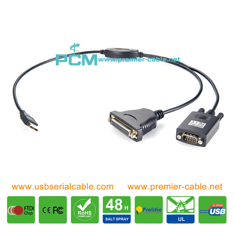 USB to RS232 Serial DB9 DB25 Parallel Splitter Cable