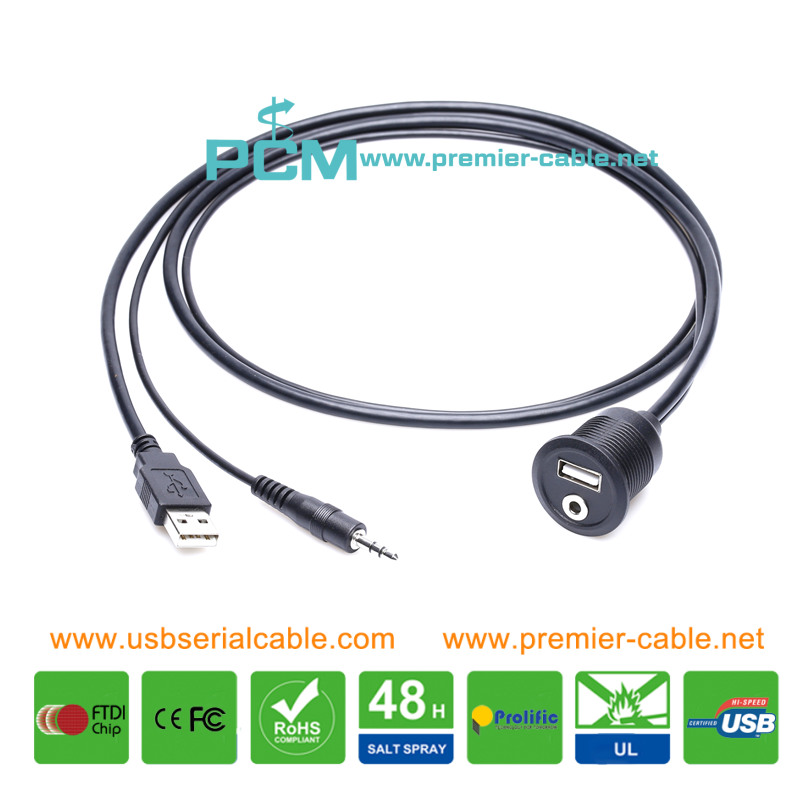 Twin Ports 3.5mm USB2.0 Vehicle AUX Panel Mount Splitter Cable