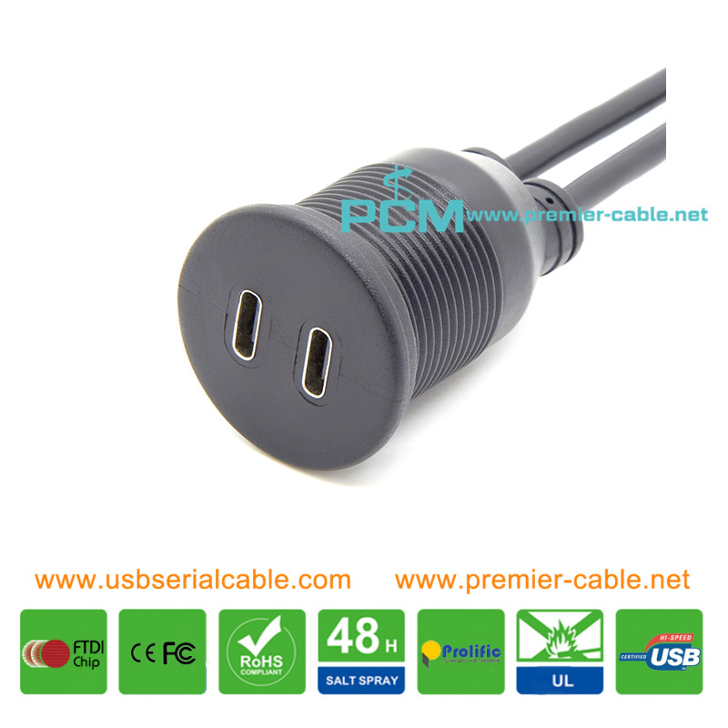 Dual Twin Ports USB3.1 Type C Panel Mount Extension Cable for Car Truck Boat