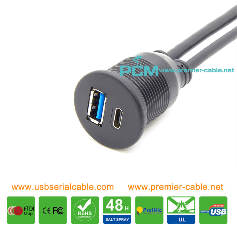 USB3.0 Type A USB3.1 Type C Combo Ports Round Flush Panel Mount Cable
