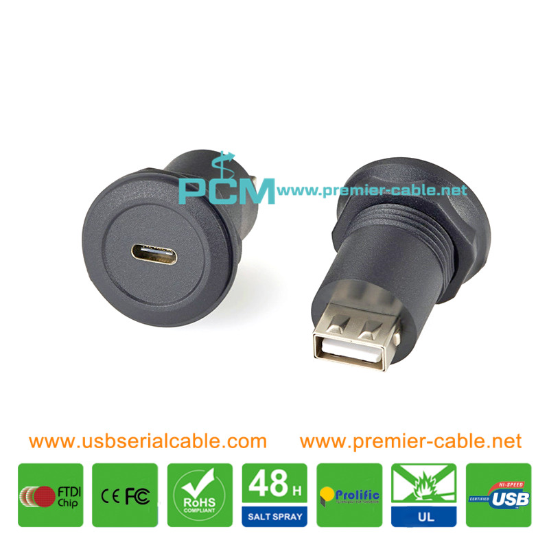 USB3.1 Type C to USB2.0 A Female Round Panel Mount Feed-thru Adapter