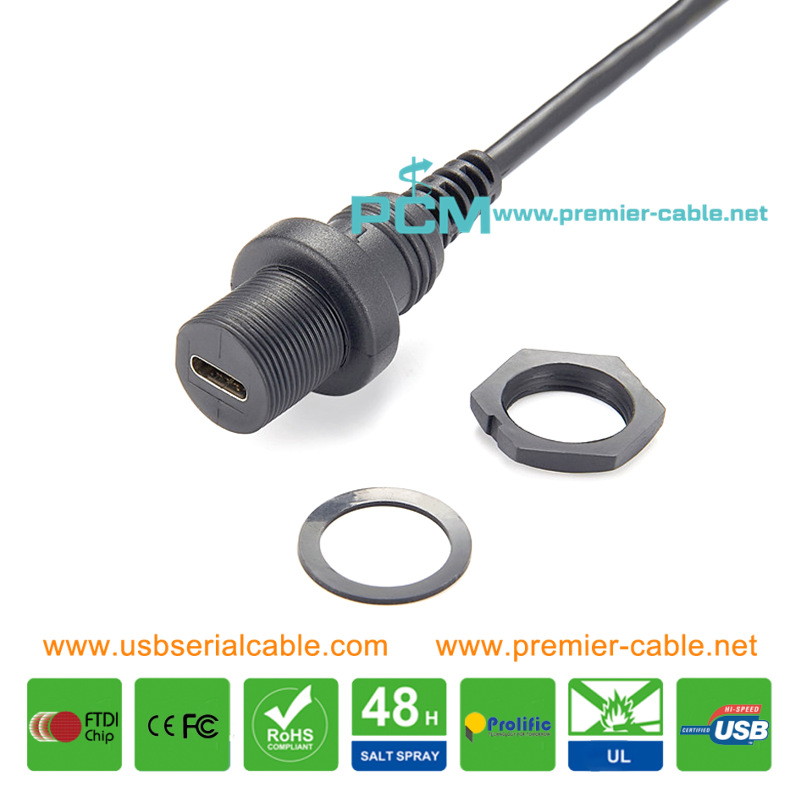 Slim Fit USB Type C Female to Male Dash Mouting Waterproof IP67 Cable
