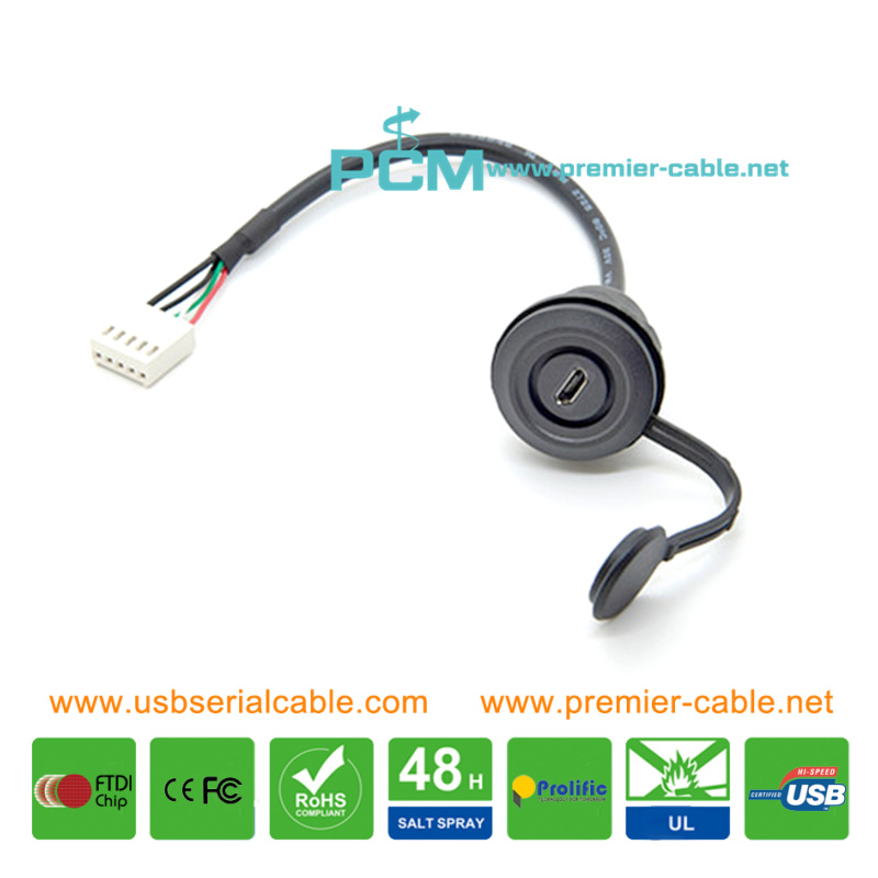 Waterproof Micro USB to 5 Pin Molex Terminal Jack Header Round Panel Mount Cable