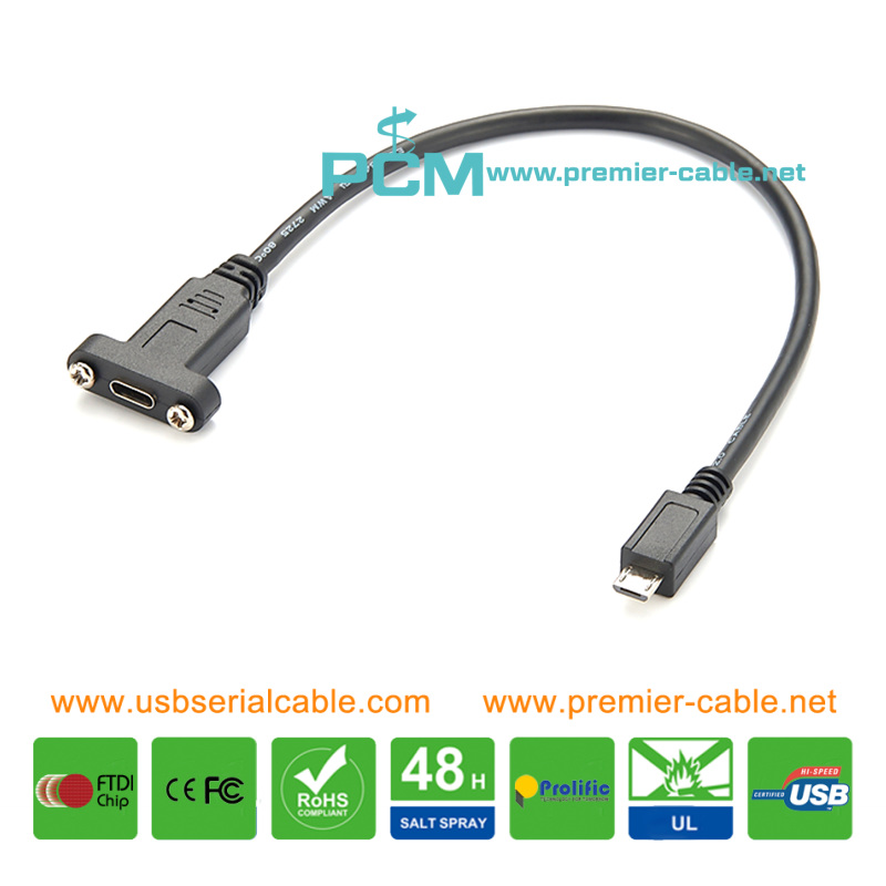 USB Type C to Micro USB 2.0 Screw Slim Size Panel Mount Cable