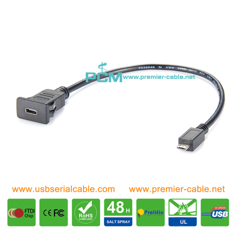 Snap-in USB-C to Micro USB 2.0 Panel Mount Cable