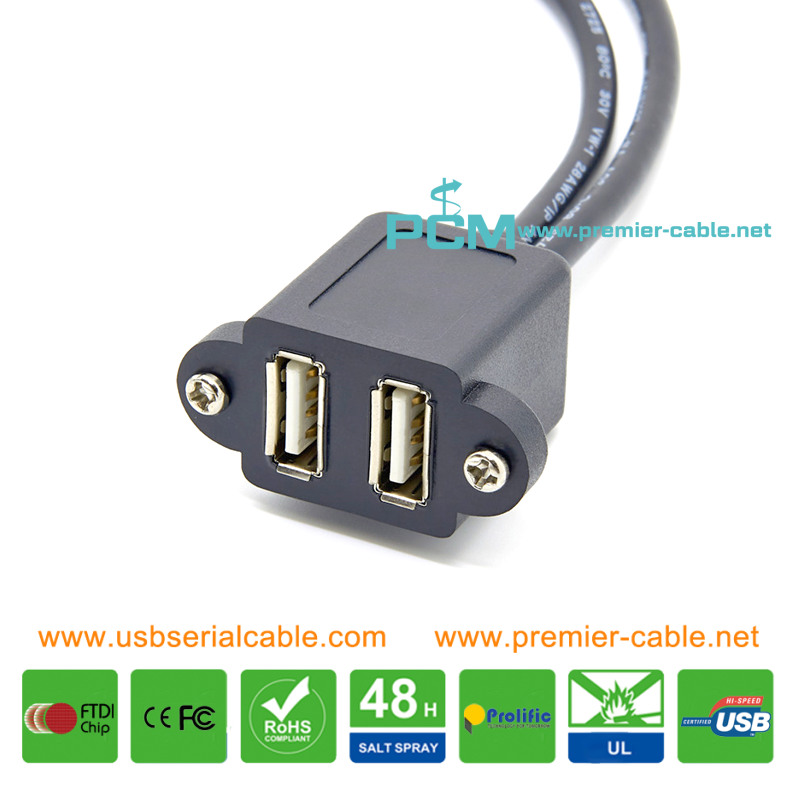 Dual USB2.0 Type A Plug Socket Screwing Dash Panel Mount Cable