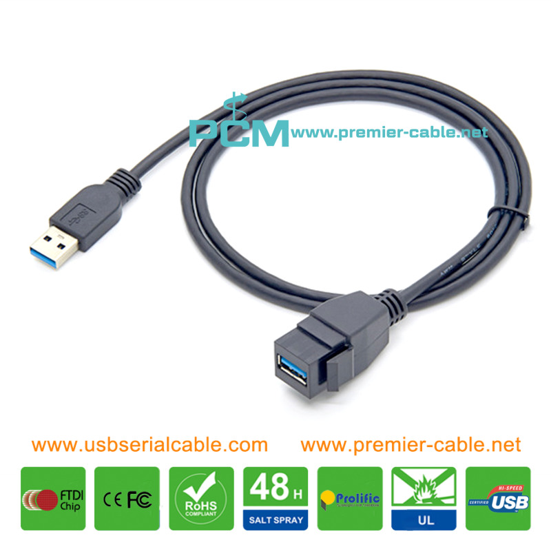 Keystone USB3.0 Type A Male to Female Jack Snap-in Panel Mount Extension Cable