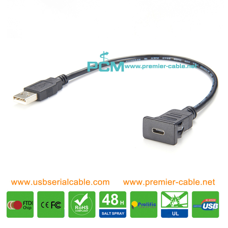 Snap-in USB3.1 Type C to Type A USB2.0 Clip-in Front Dash Mount Panel Extension Cable