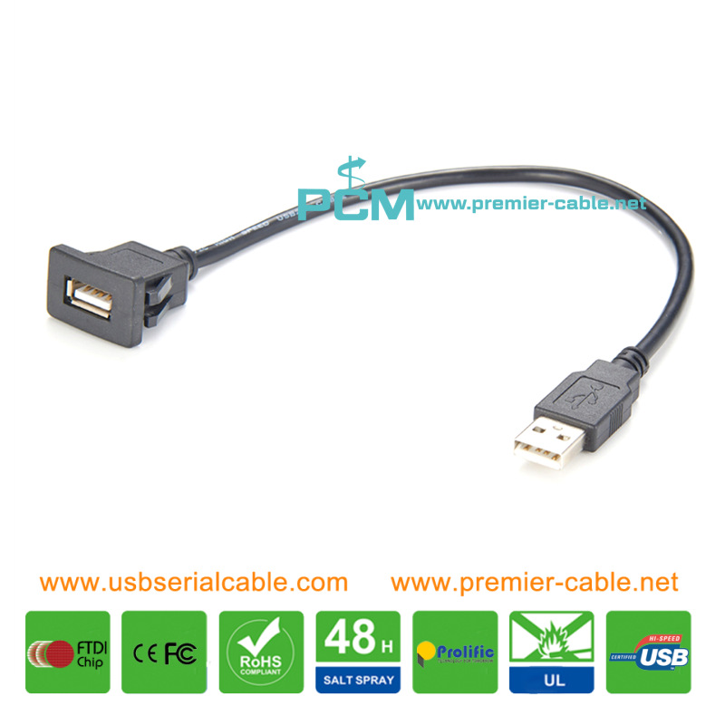 Snap-in USB2.0 Type A Male to Female Socket Dashboard Panel Mount Cable