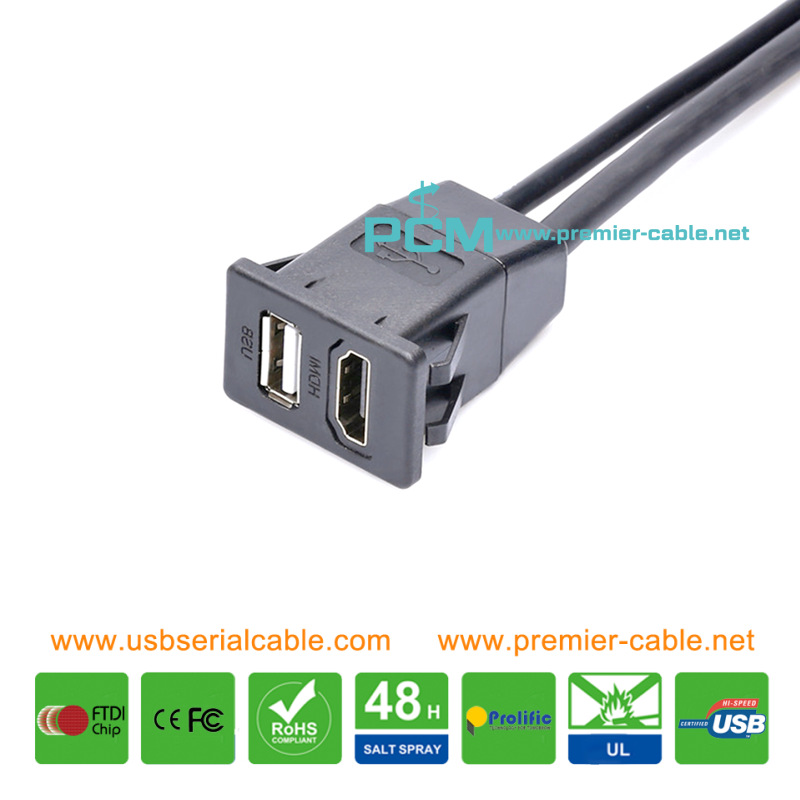 Dual 2 Ports USB & HDMI Combo Snap-in Dash Panel Mount Cable