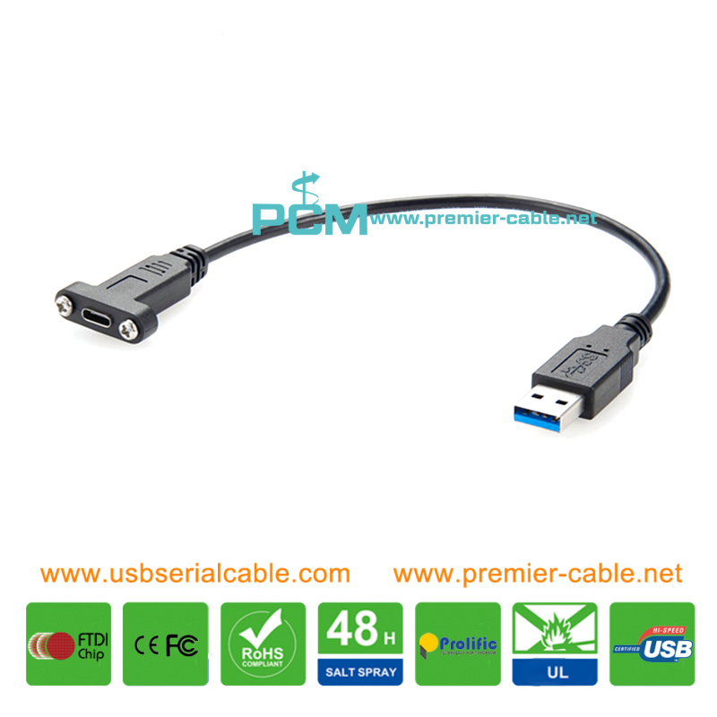 Gen2 USB3.1 Type C Female to USB3.0 Type A Male Screw Panel Mount Cable