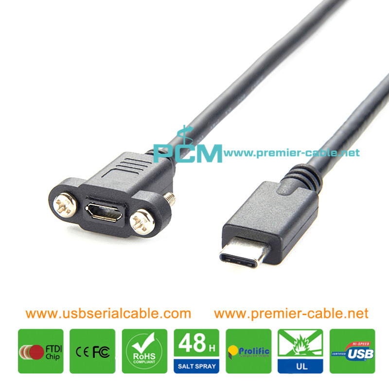 USB Type C to Micro USB Signal Panel Mount Locking Screw Cable