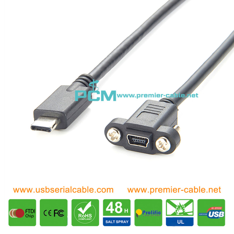 USB-C to Mini USB Locking Screw Panel Mount Cable