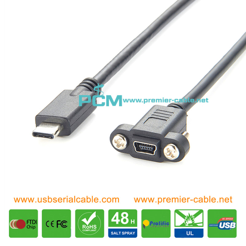 USB3.1 Type C to Mini USB Screw Locking Panel Mount Extension Cable