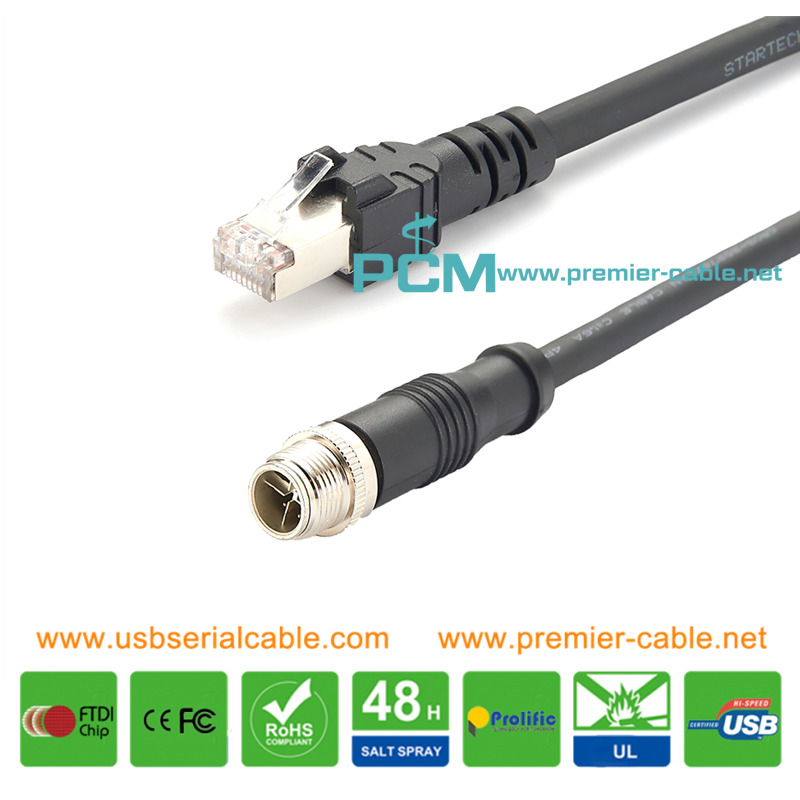 M12 8 Pole to RJ45 Cat6A Shielded Ethernet Cable