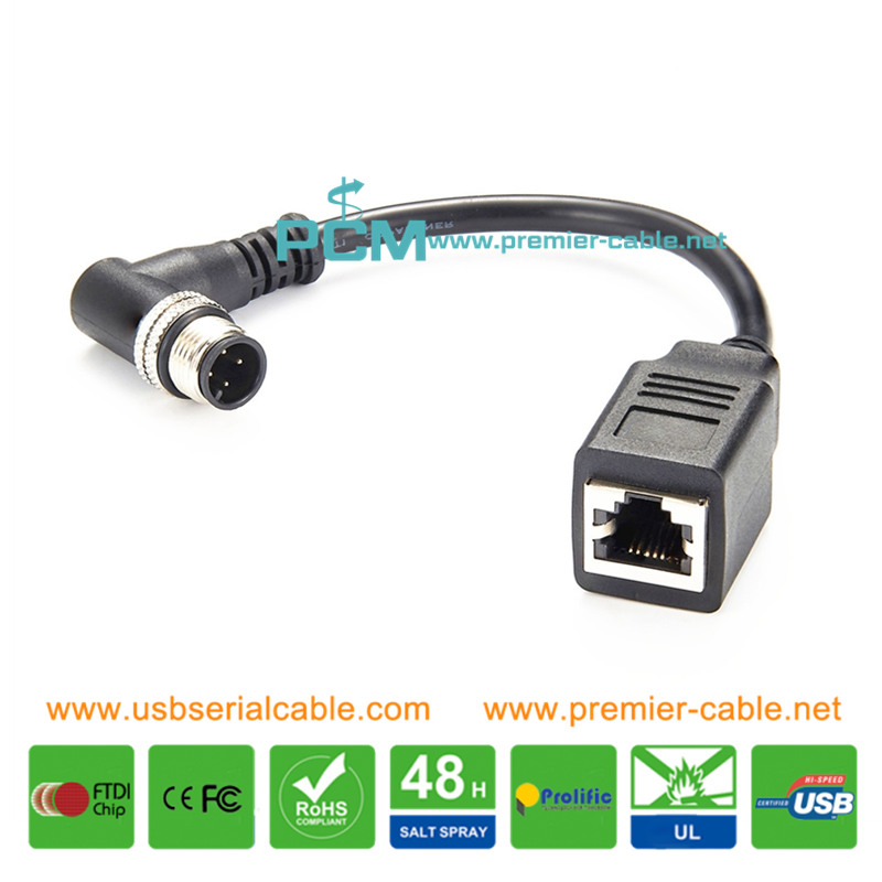 Elbow M12 D-Coded 4 Pin to RJ12 Socket Industrial Cable
