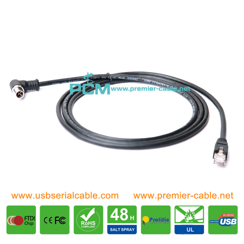 Angle M12 X-Coded 8 Pin to RJ45 Cat5e IP67 Cable Angle M12 X-Coded 8 Pin to RJ45 Cat5e IP67 Cable