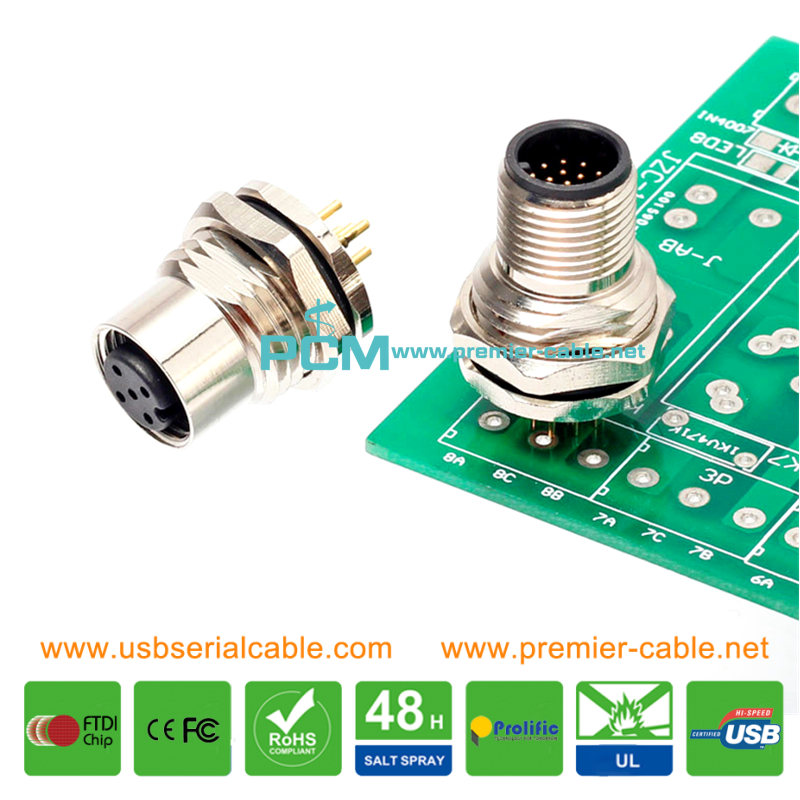 M12 Circular Receptacle Front Panel Mount PCB Connector