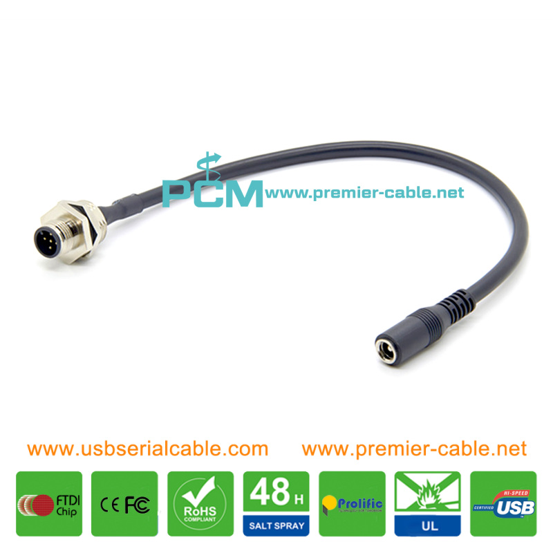 M12 5-Pin Micro to DC Jack 5.5mm 2.1mm Power Cable