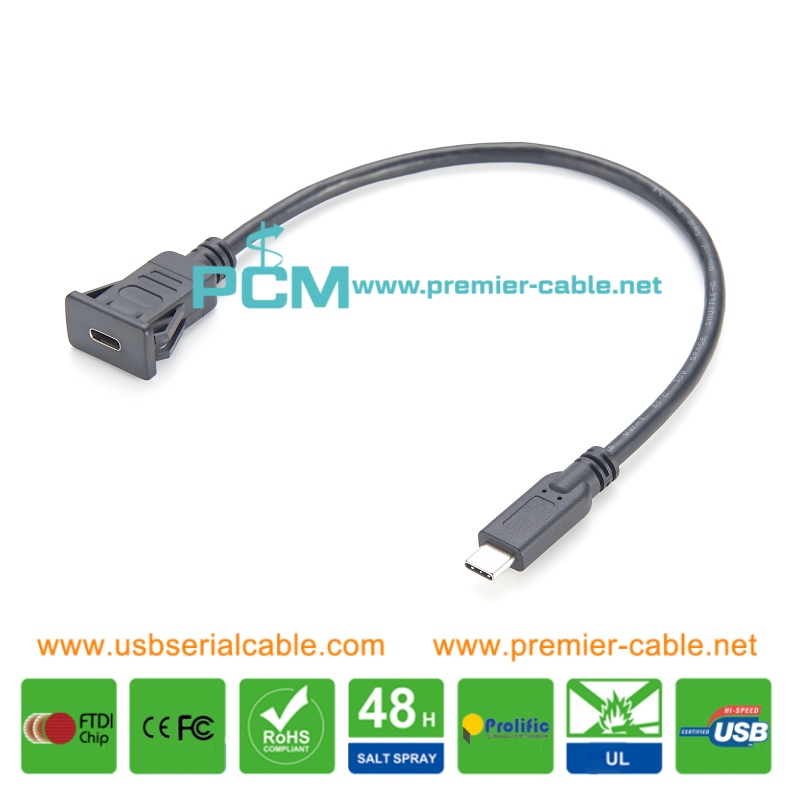 Snap-In USB3.1 Type C Male to Female Chassis Panel Mount Extension Cable