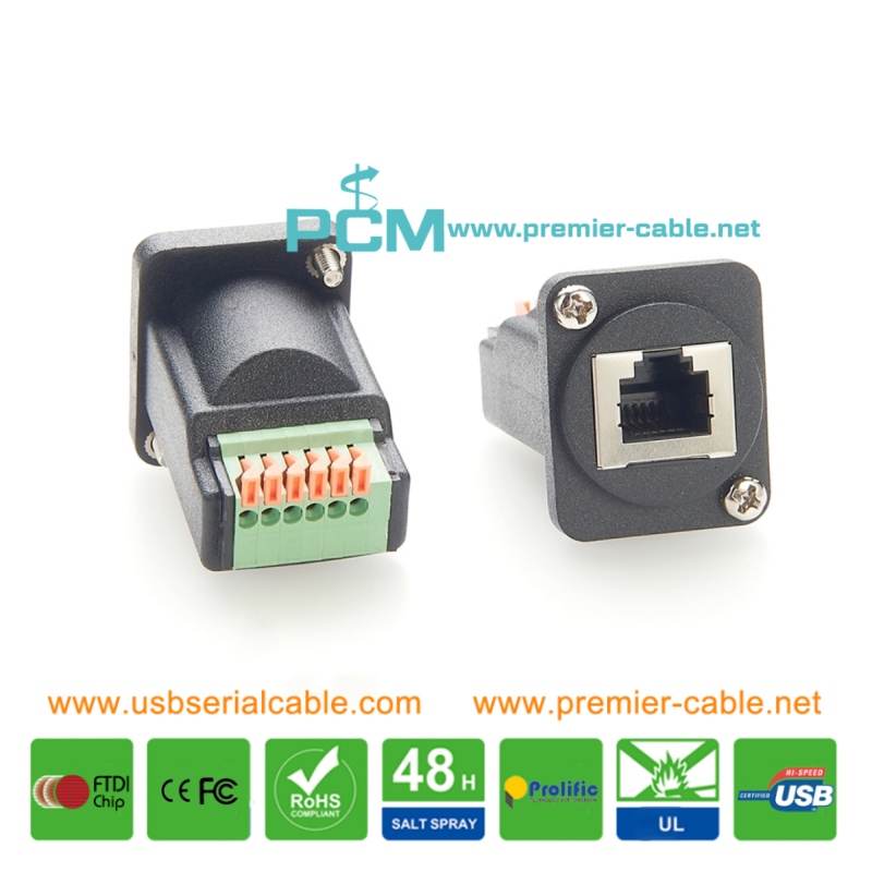 RJ12 to 6Pin Terminal Block D Shape Screwing Panel Mount Connector